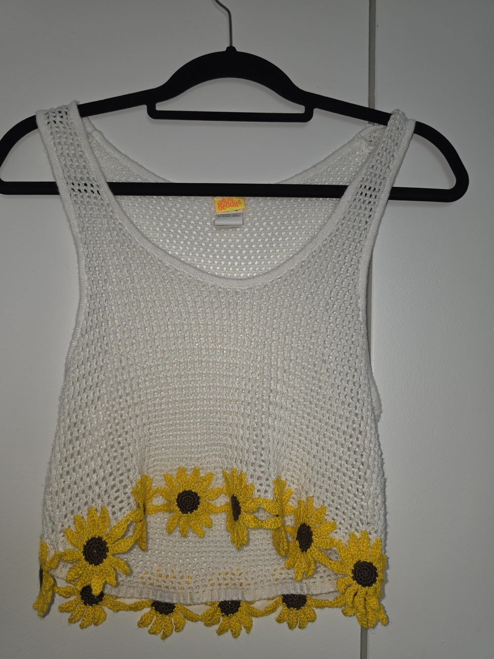 Agua Bendita White Crochet Tank with Yellow Sunflower Trim